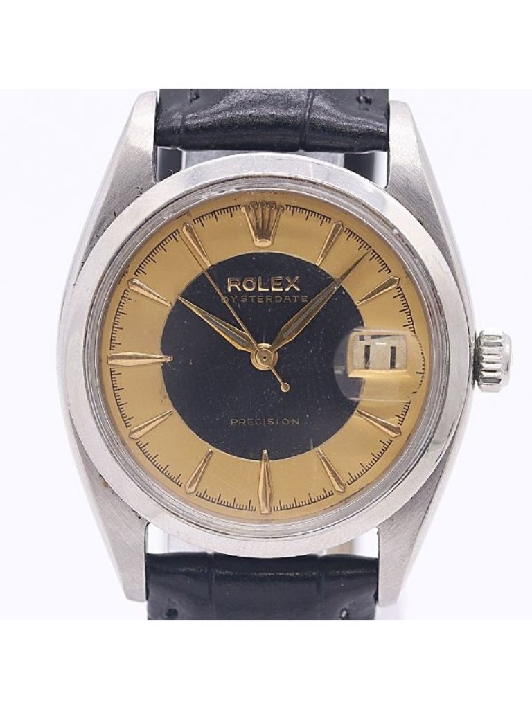 Rolex Dead Stock Class Oyster Date Precision Ss Hand Wound Black Gold Dial Watch